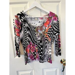 Alberto Makali Black & White w/ Flowers & Embroidery Top Shirt sz L EUC